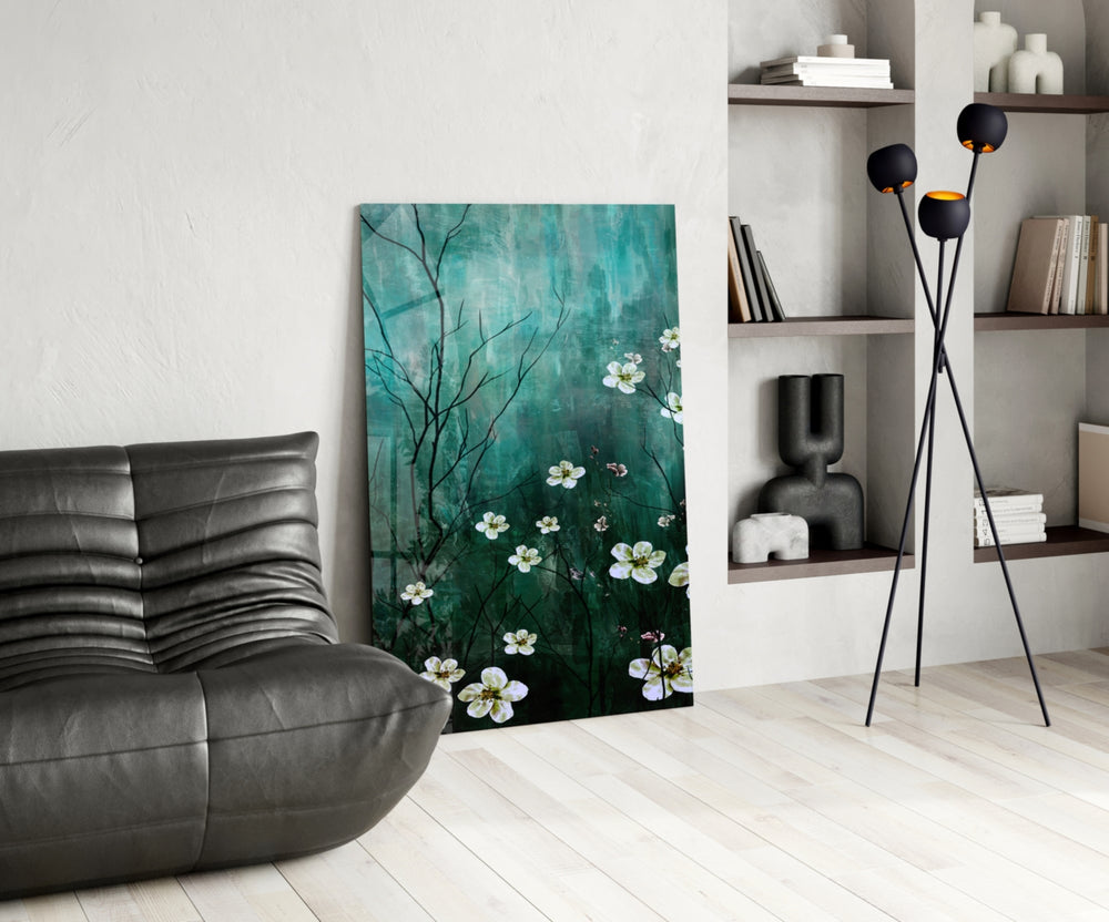 Emerald Daisies glass print enhancing a hallway with editorial drama