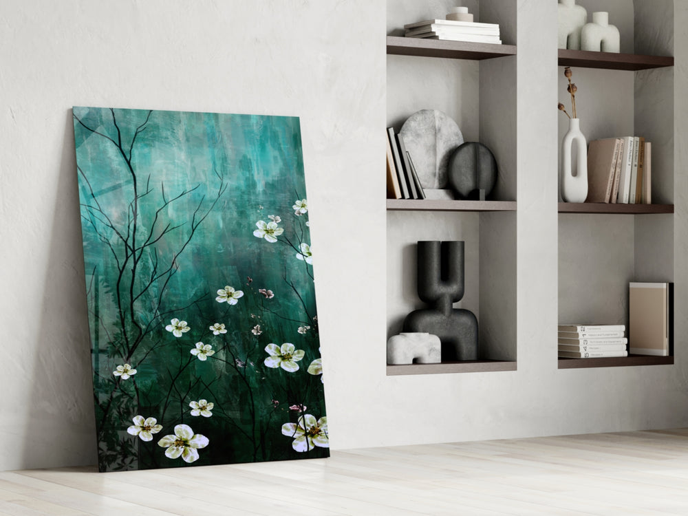 Emerald Daisies artwork anchoring a wall with tranquil biophilic palette