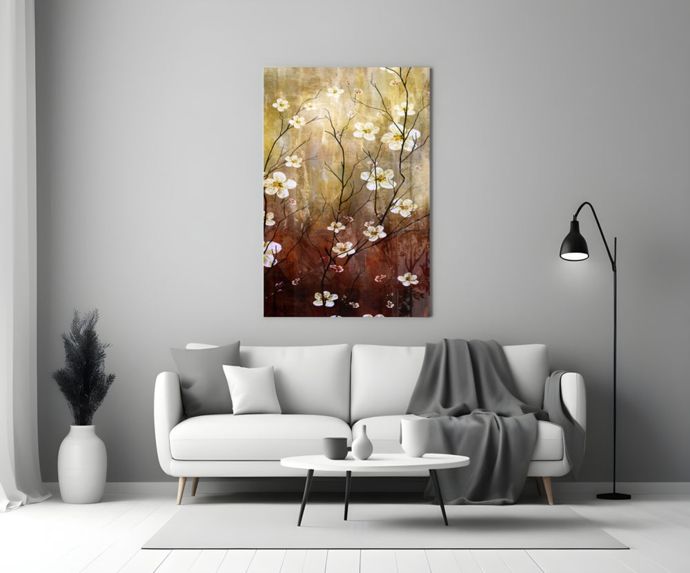Amber Daisies glass wall art styled above a bed in a master bedroom