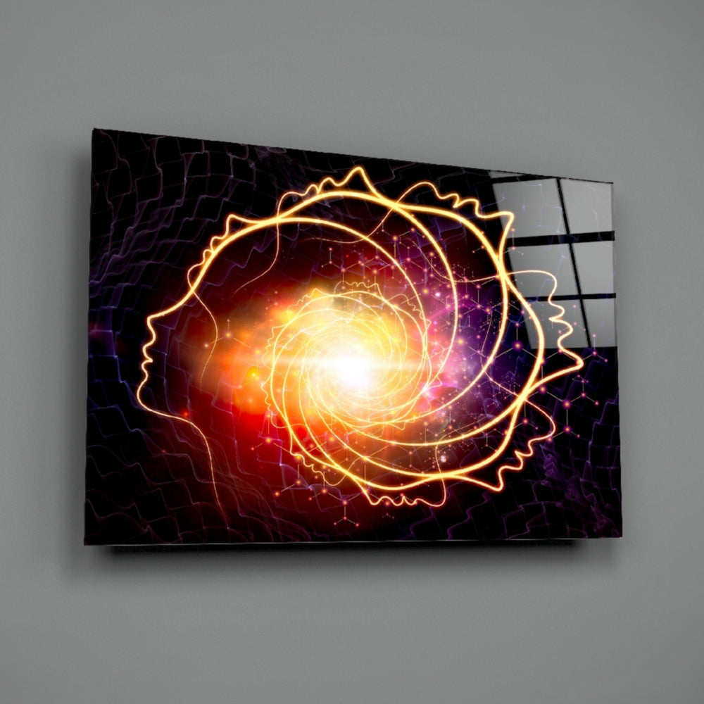 Close-up detail of amber-gold spiral arms swirling through violet field