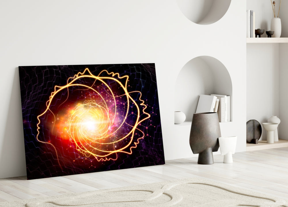 Galaxy Spiral glass wall art styled above a desk in a study