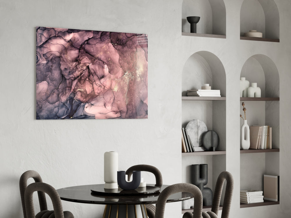 Rose Cloud glass print enhancing a dressing area with editorial drama