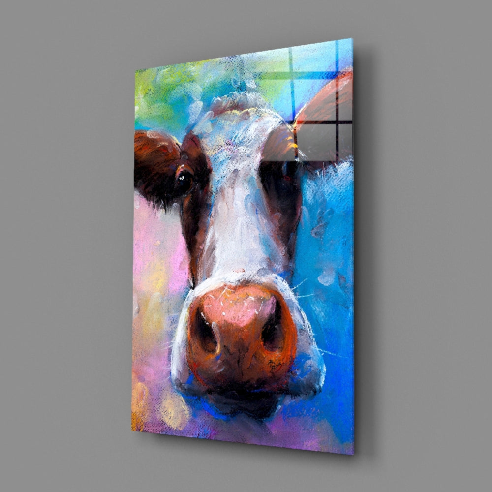 Close-up detail of cow's pink nose against cyan-magenta brushstrokes