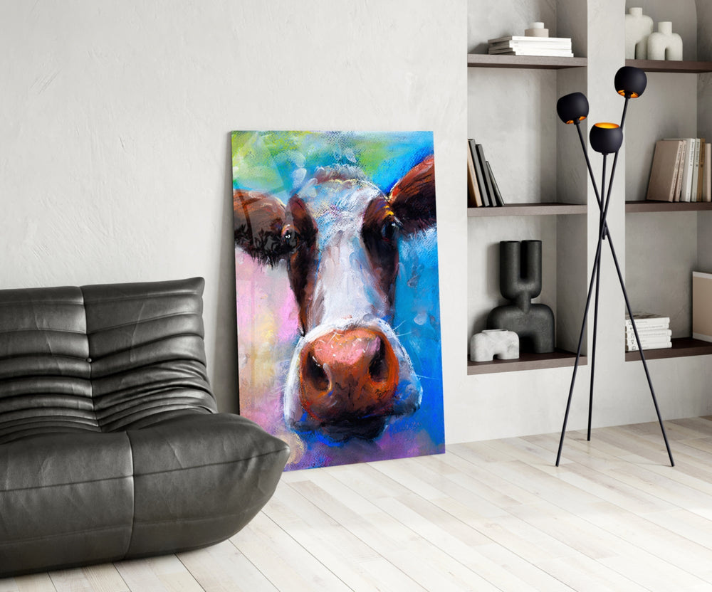 Painted Cow glass print enhancing a dining room with editorial drama