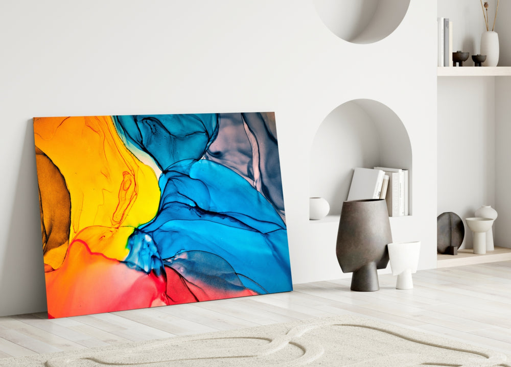 Fire and Tide glass wall art styled above a desk in a creative office