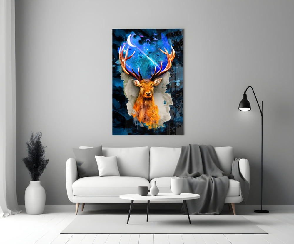 Cosmic Stag glass wall art styled above a chair in a study