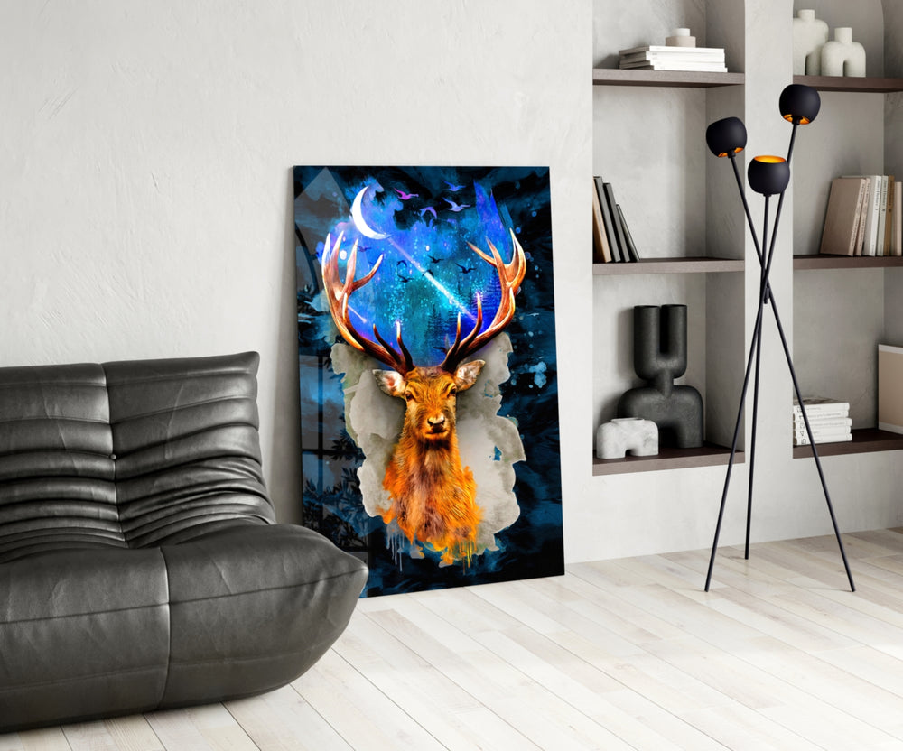 Cosmic Stag glass print enhancing a teen room with cinematic drama