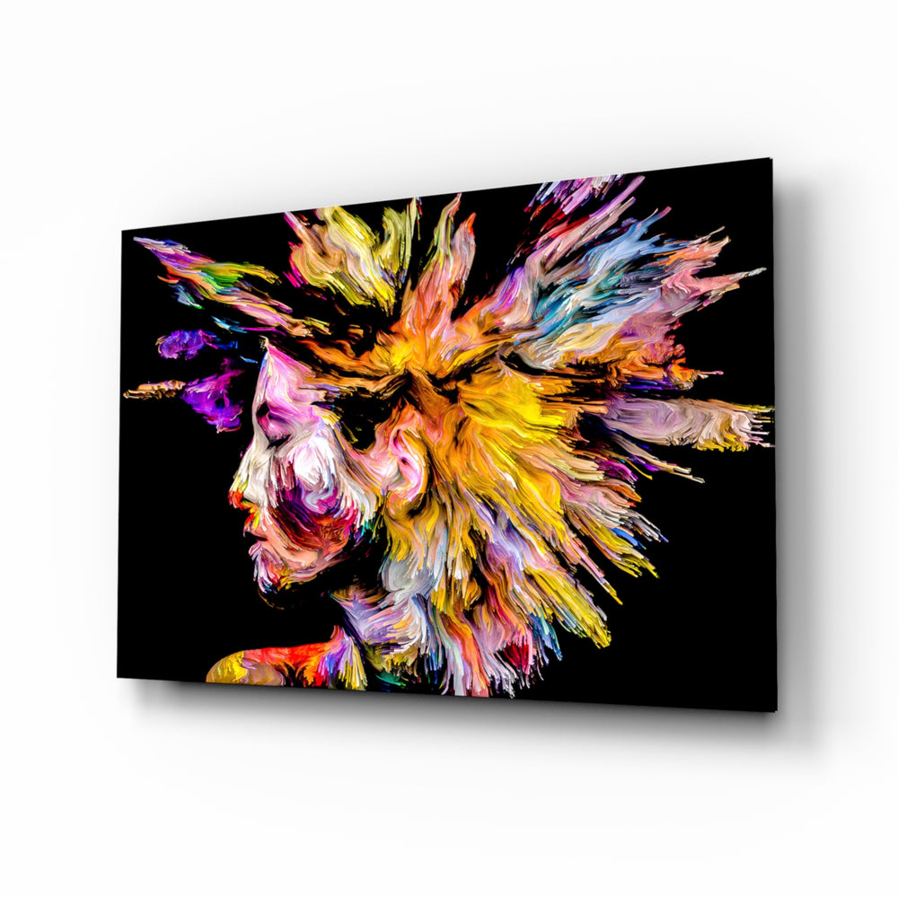 Expressionist-portrait panel bringing editorial drama to a contemporary living space