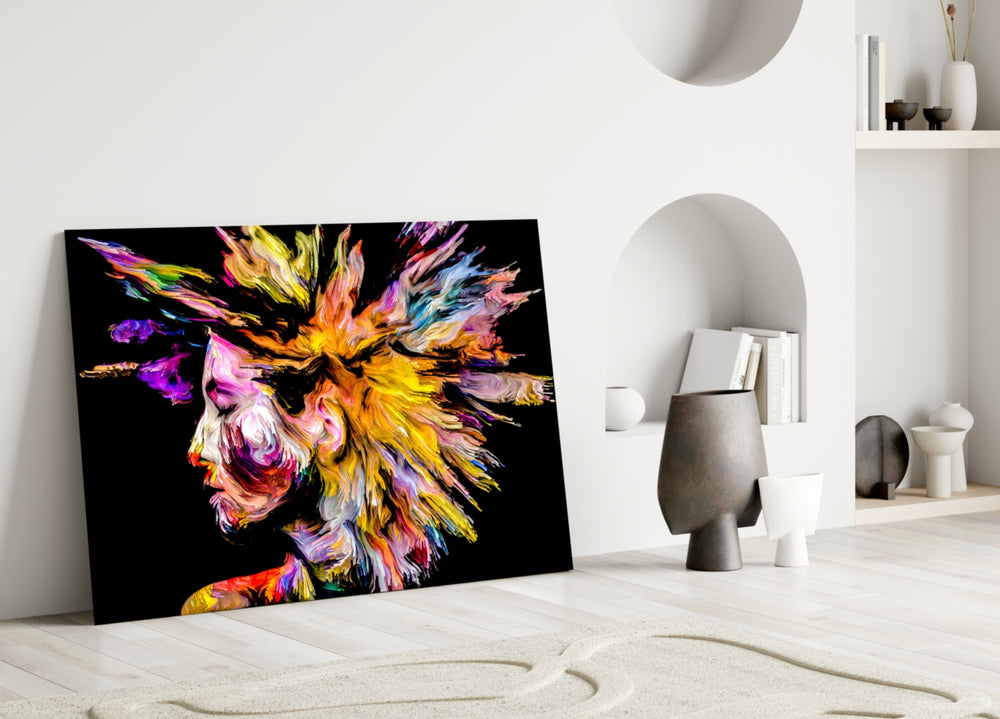 Colorful Thoughts glass wall art styled above a desk in a creative office