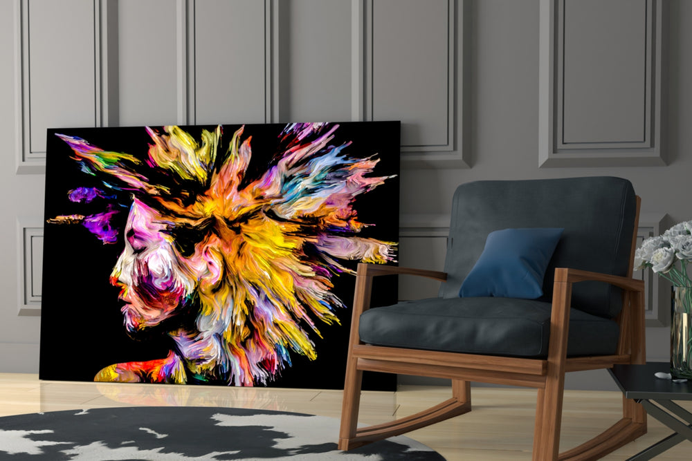 Colorful Thoughts artwork anchoring a wall with bold expressionist palette