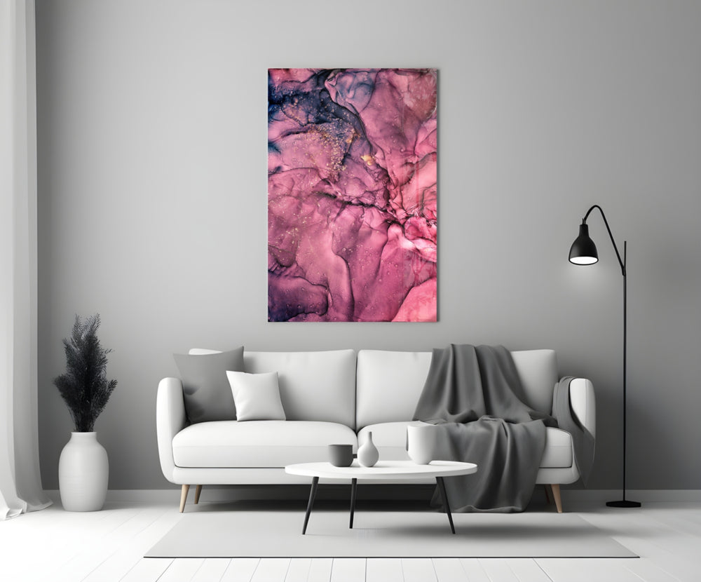 Magenta Bloom glass wall art styled above a sofa in a master bedroom