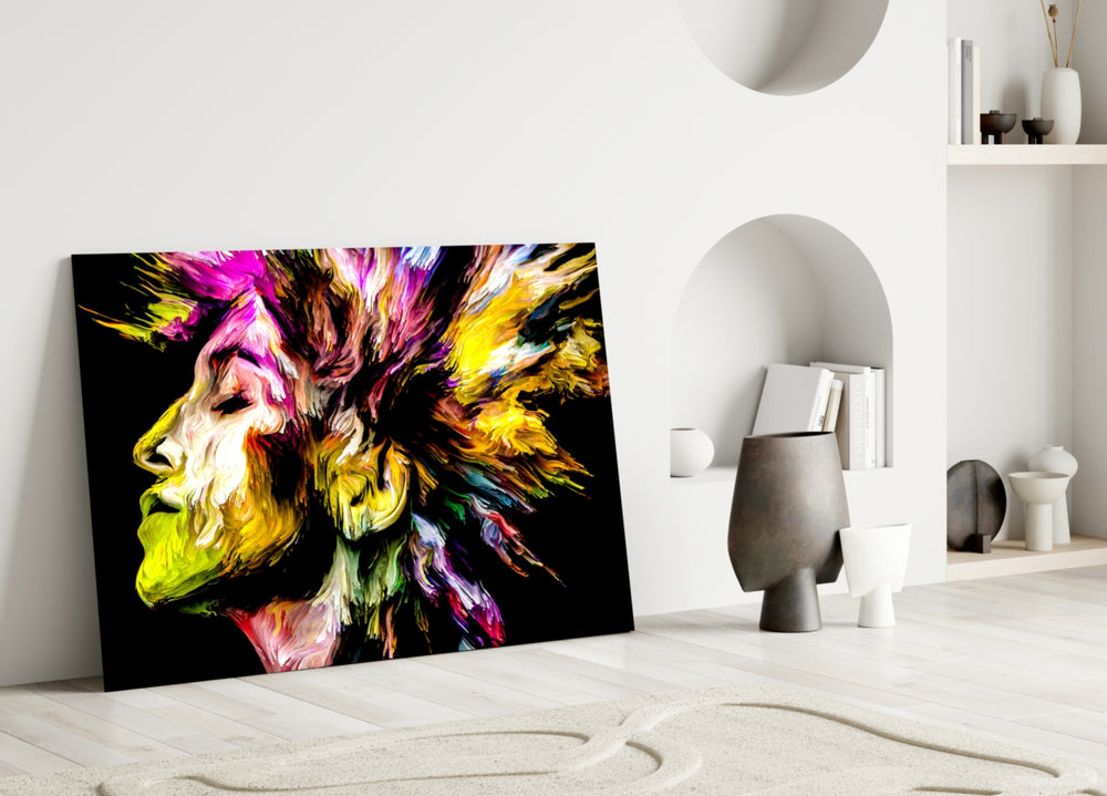 Vivid Mind glass wall art styled above a desk in a creative office