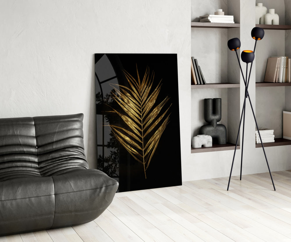 Gilded Palm glass print enhancing a dining room with cinematic drama