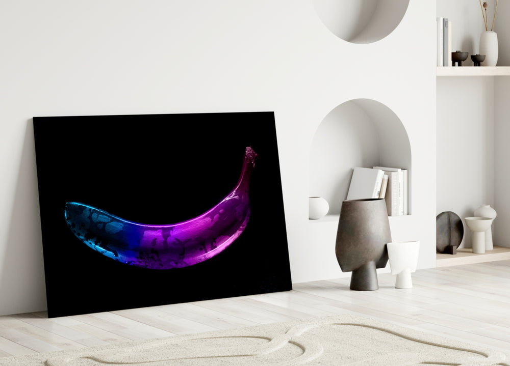 Neon Banana glass wall art styled above a console in a kids room