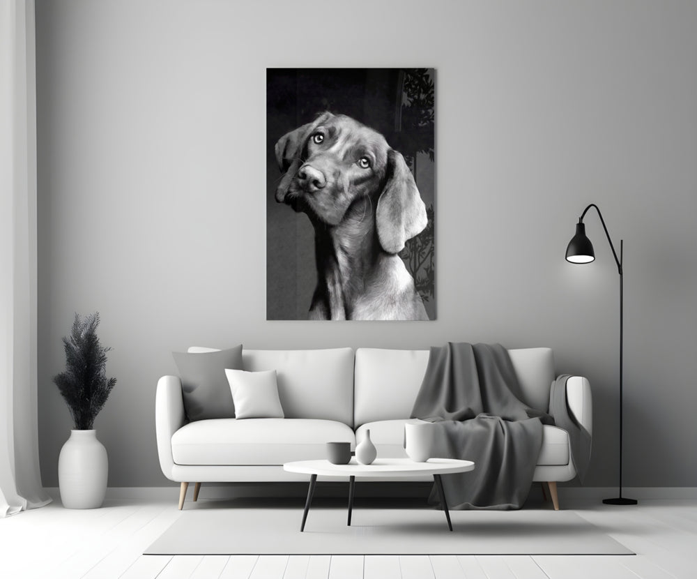 Tender Weimaraner glass wall art styled above a sofa in a living room