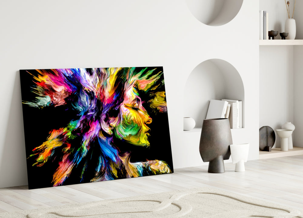Two Minds glass wall art styled above a sideboard in a master bedroom