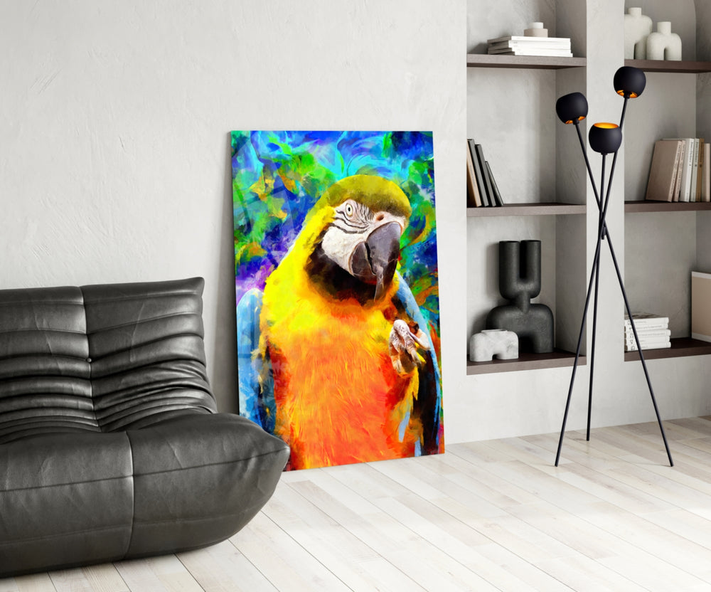 Macaw Bloom glass print enhancing a dining room with cinematic drama