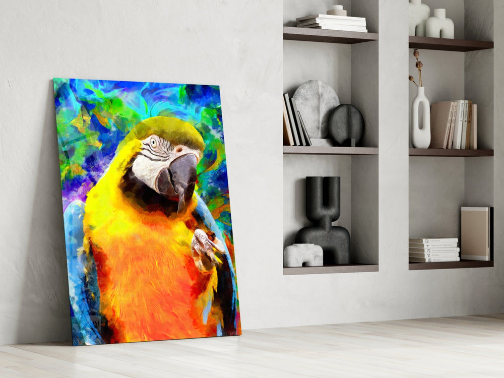 Macaw Bloom artwork anchoring a wall with tropical vibrant palette