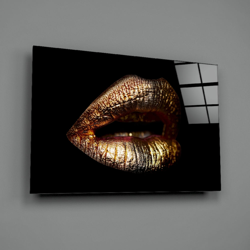 Close-up detail of gilded folds and metallic ridges along lip line