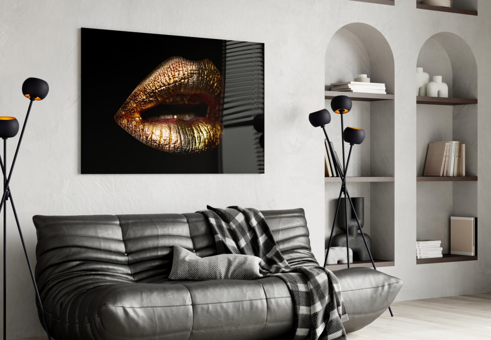 Gold Lips panel adding editorial mood to a dressing area
