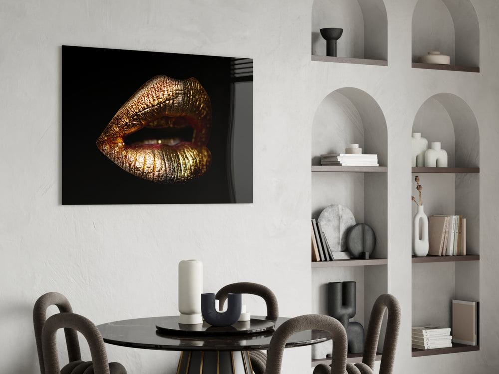Gold Lips glass print enhancing a powder room with cinematic drama