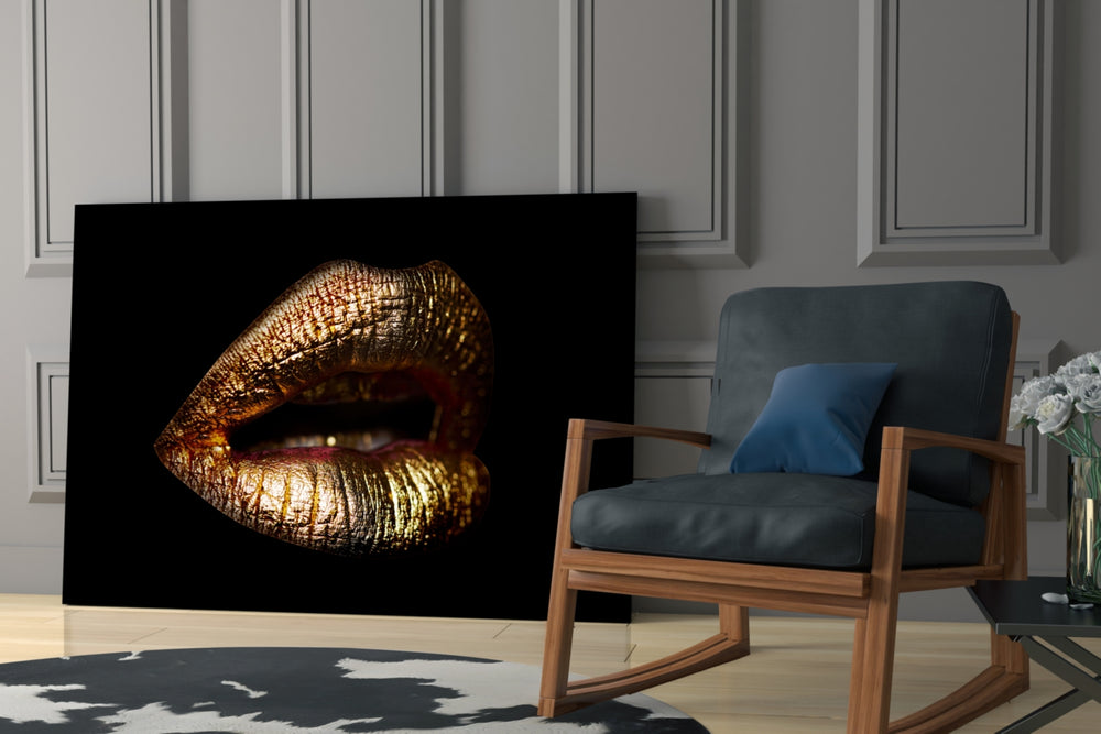 Gold Lips artwork anchoring a wall with moody fashion palette