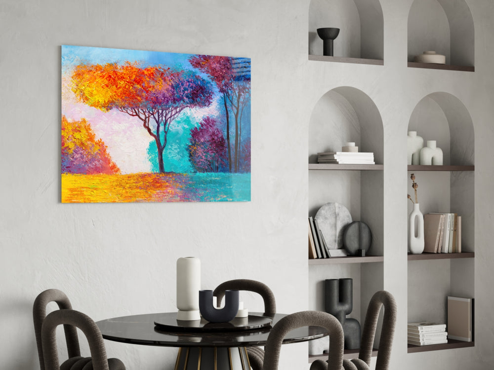 Autumn Pines glass print enhancing a hallway with cinematic drama