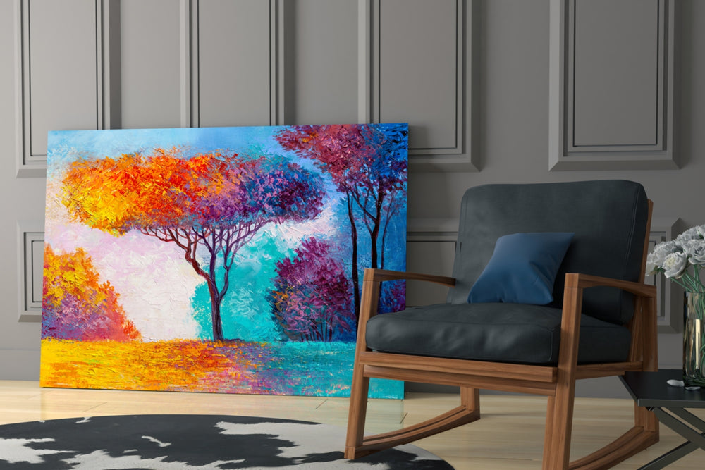 Autumn Pines artwork anchoring a wall with cheerful autumnal palette