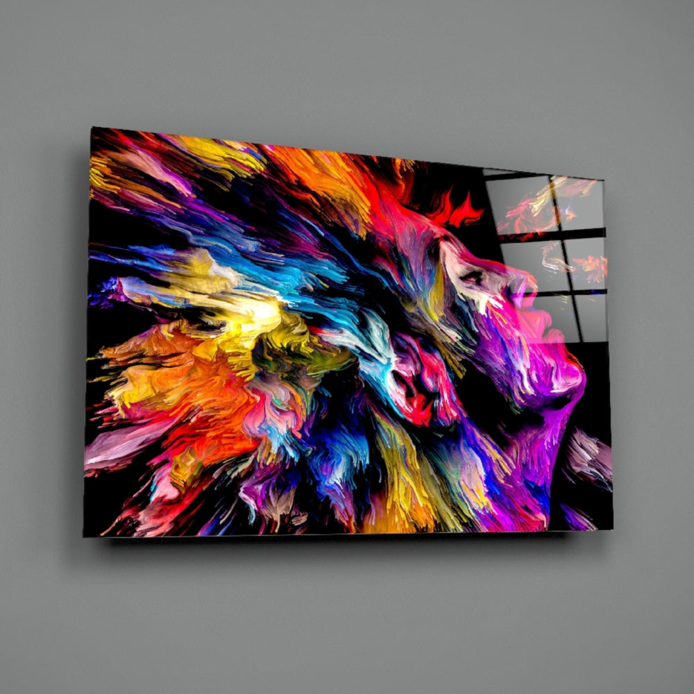Close-up detail of magenta-cyan paint bursting from tilted head