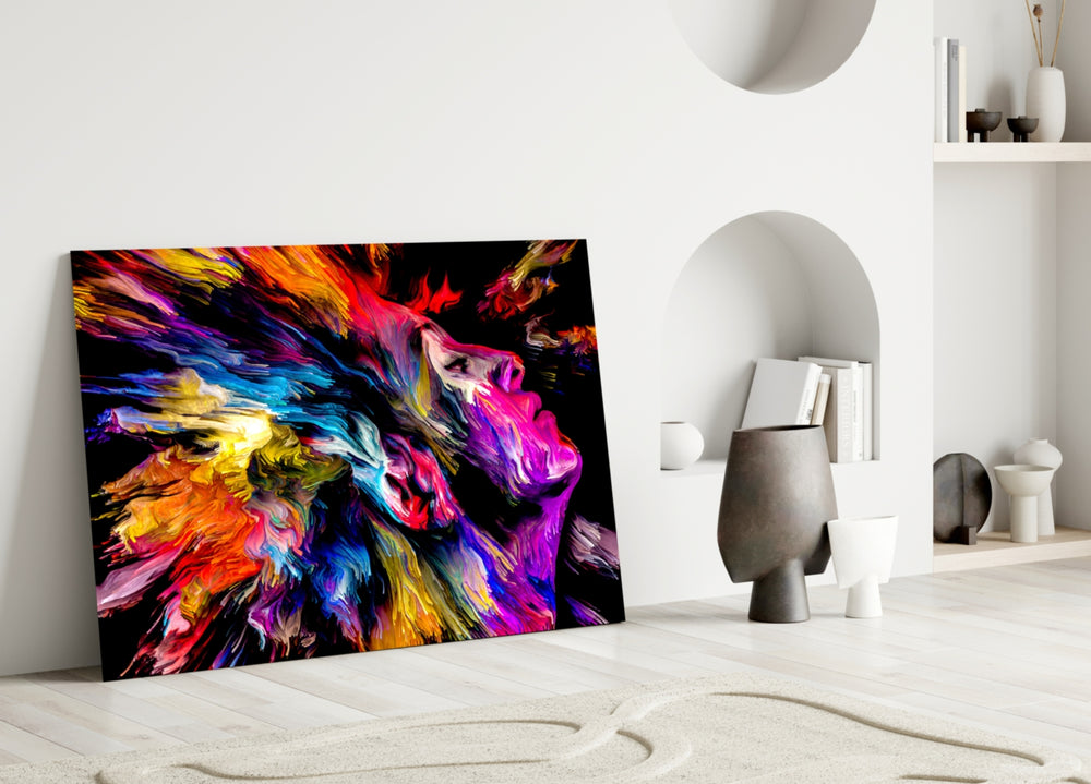 Ecstatic Mind glass wall art styled above a desk in a creative office