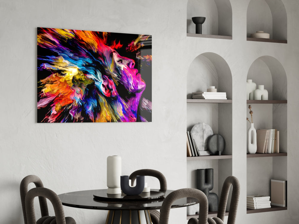 Ecstatic Mind glass print enhancing a living room with cinematic drama