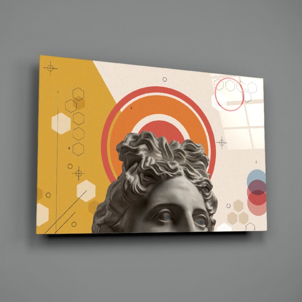 Close-up detail of classical bust set within orange rings and yellow trapezoid