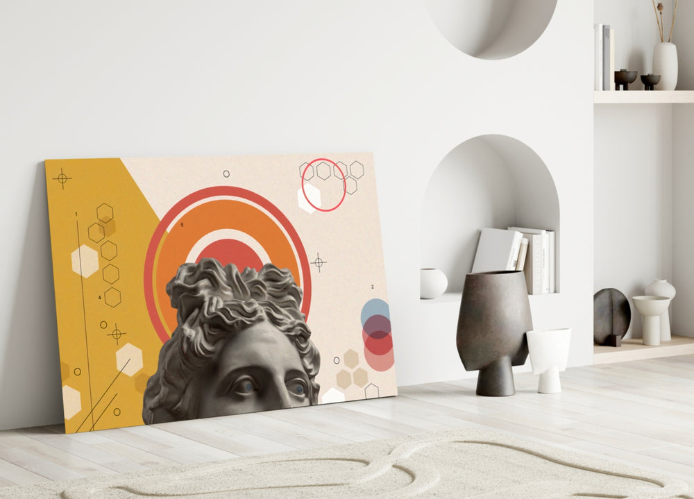 Greek Collage glass wall art styled above a desk in a creative office
