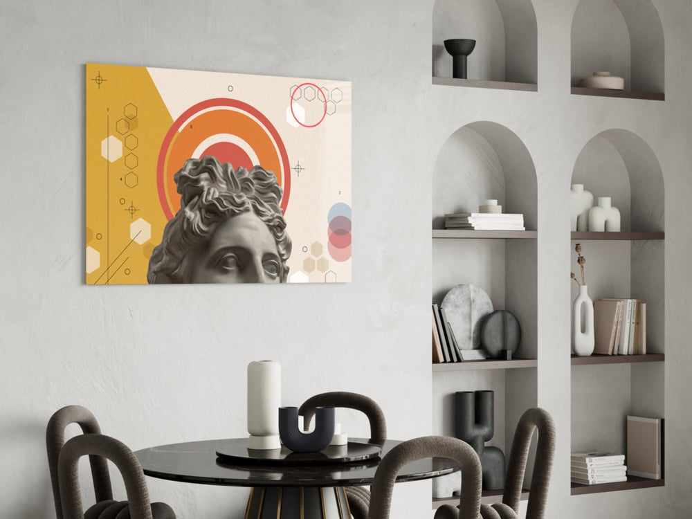 Greek Collage glass print enhancing a hallway with cinematic drama