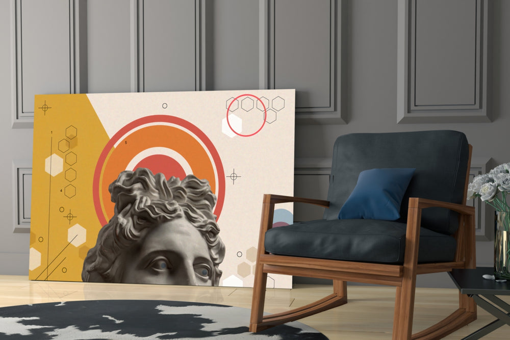 Greek Collage artwork anchoring a wall with graphic klasik-modern palette