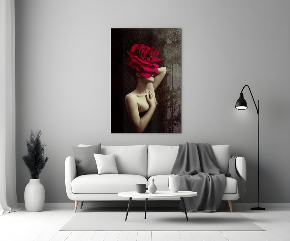 Crimson Rose glass wall art styled above a bed in a master bedroom
