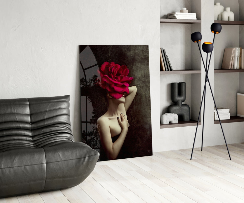 Crimson Rose glass print enhancing a study with cinematic drama
