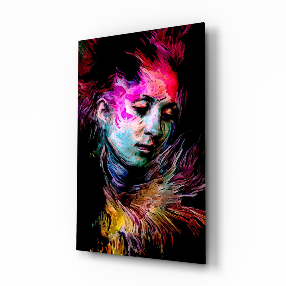 Expressionist-portrait panel bringing editorial drama to a contemporary living space