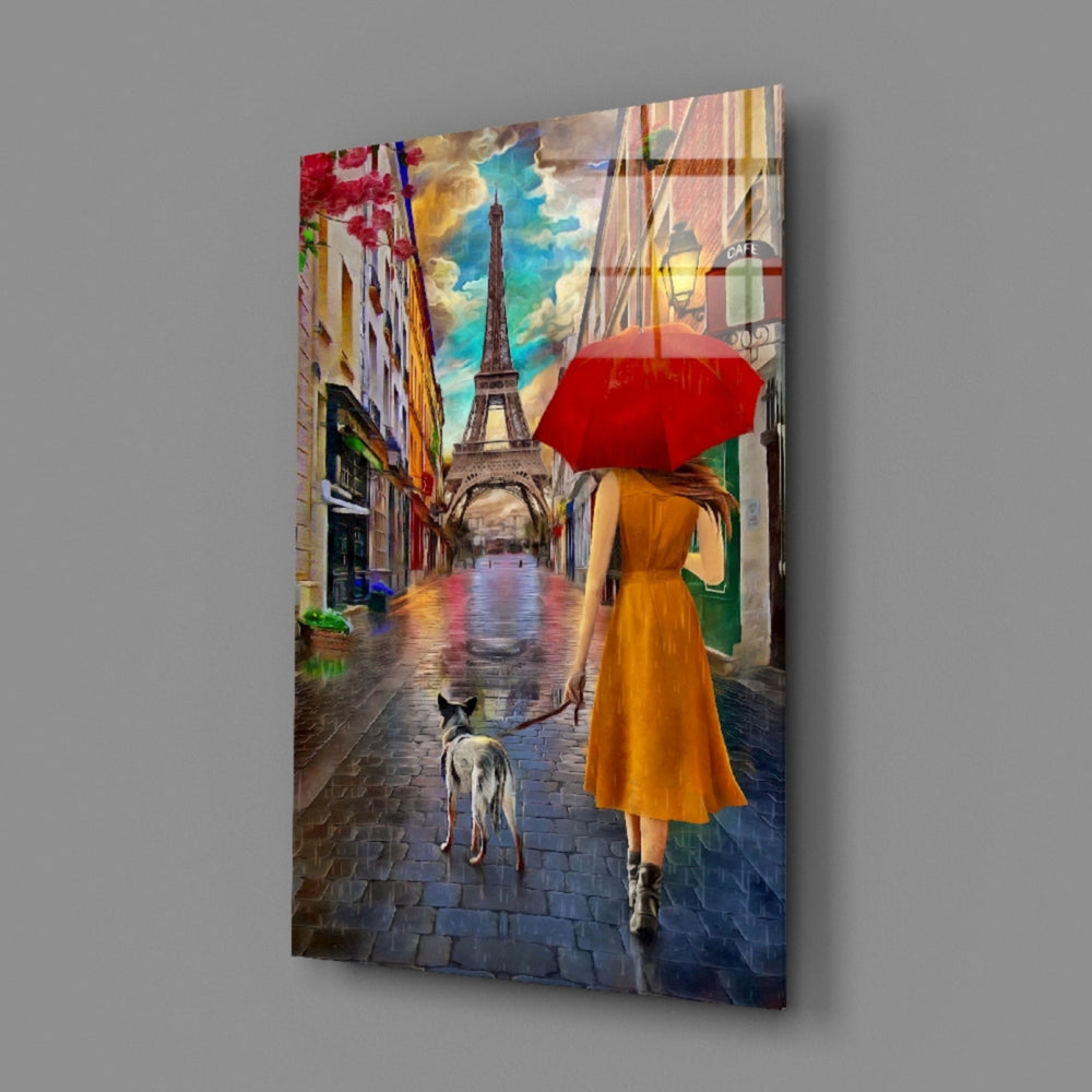 Close-up detail of marigold dress walking toward Eiffel Tower