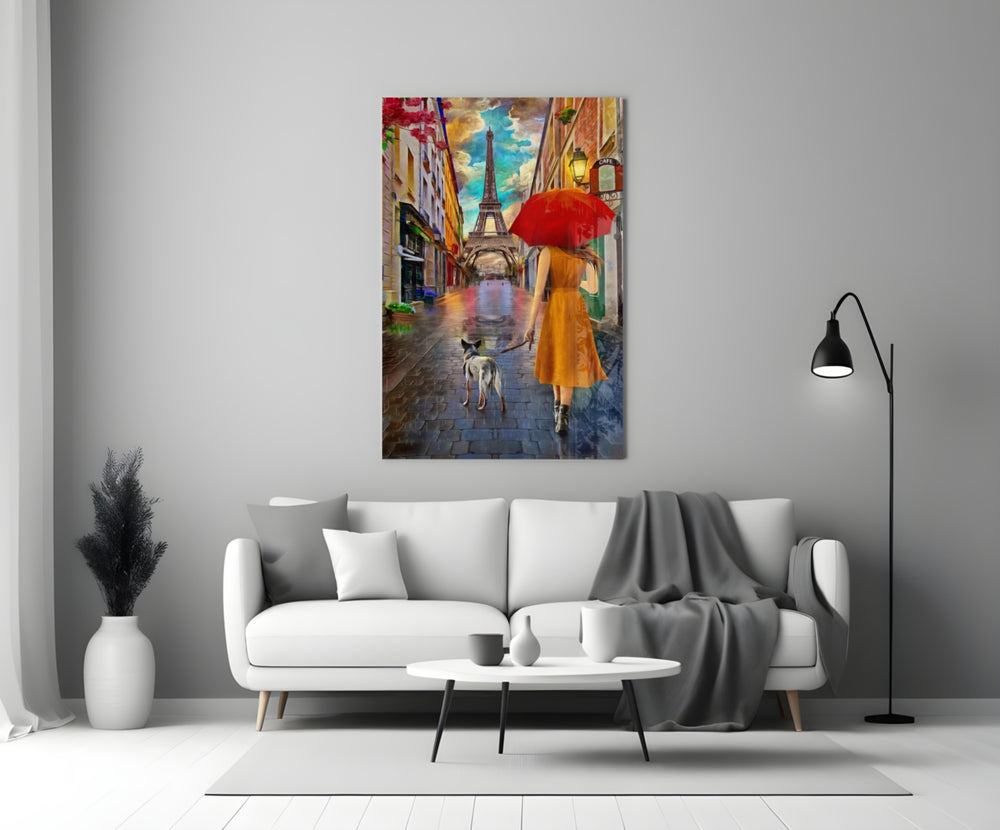 Paris Stroll glass wall art styled above a console in a hallway
