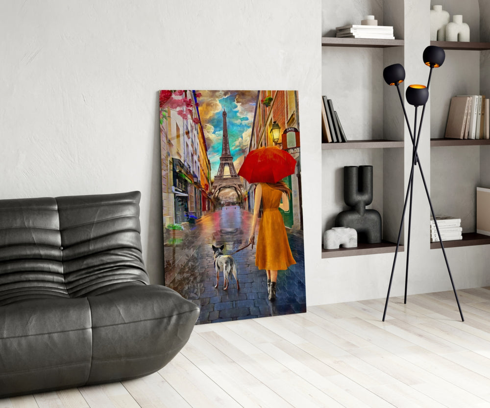 Paris Stroll glass print enhancing a living room with cinematic drama
