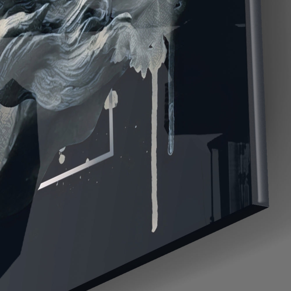 Severed Poseidon panel catching low light to reveal its tactile carve