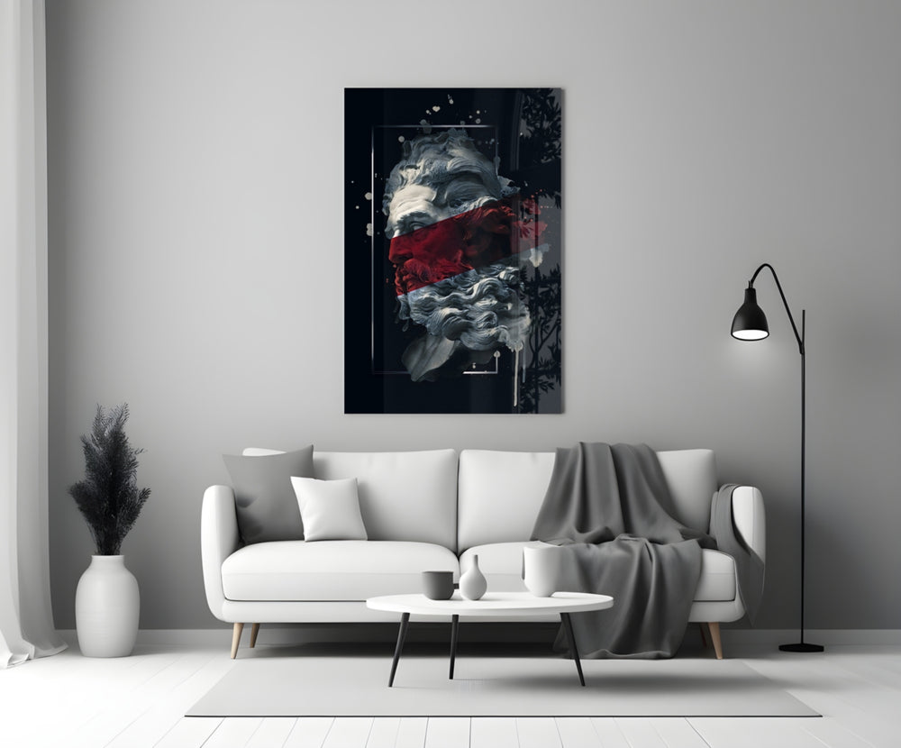 Severed Poseidon glass wall art styled above a desk in a man's office