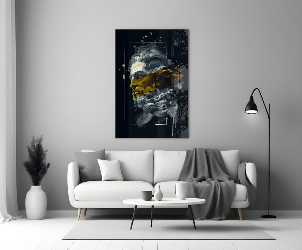 Gilded Poseidon glass wall art styled above a desk in a man's office