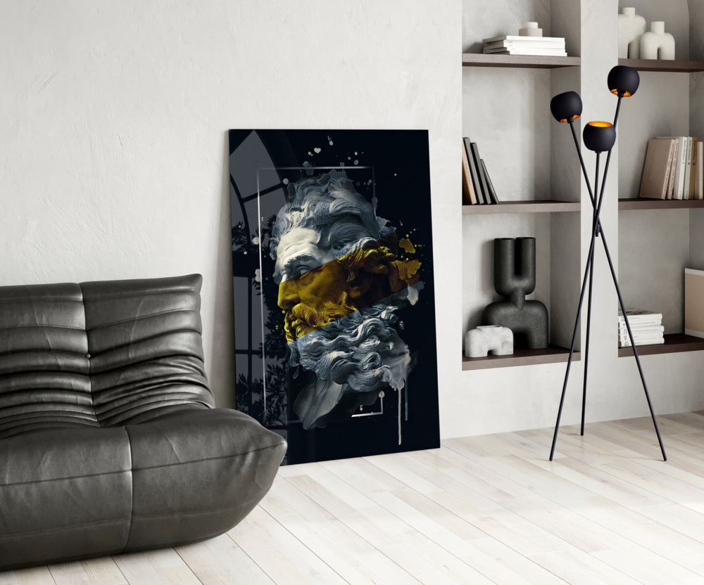 Gilded Poseidon glass print enhancing a foyer with cinematic drama
