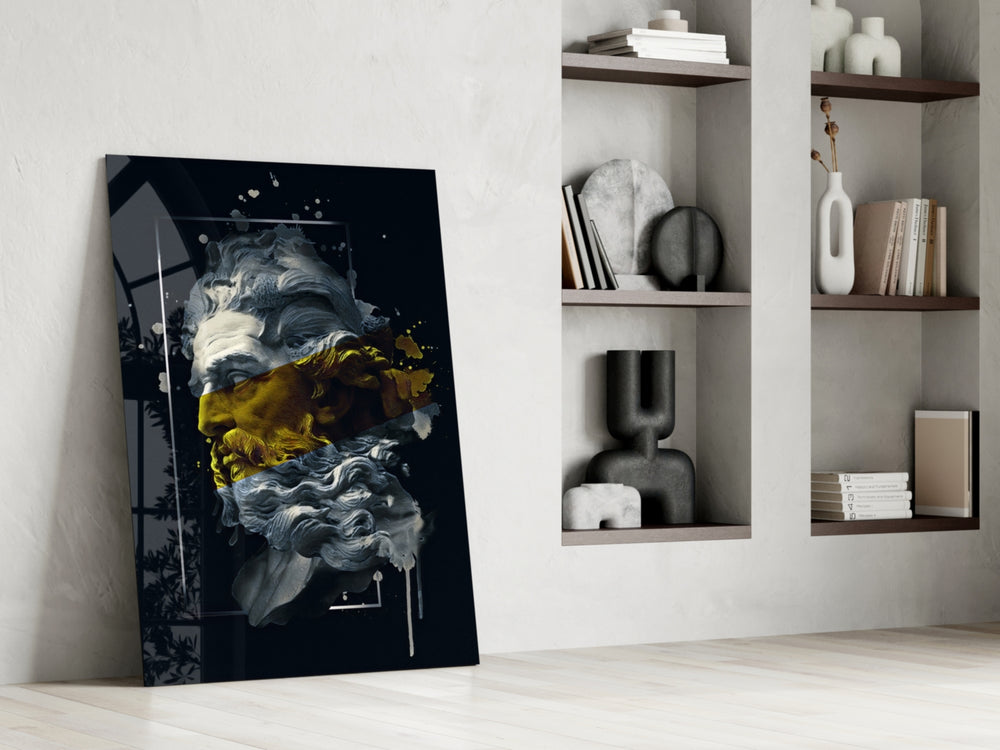 Gilded Poseidon artwork anchoring a wall with moody mythic palette