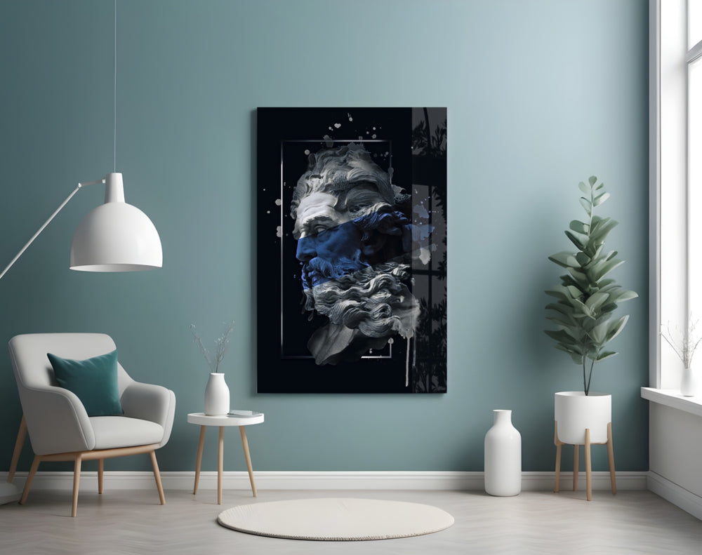 Cobalt Poseidon panel adding editorial mood to a man's office