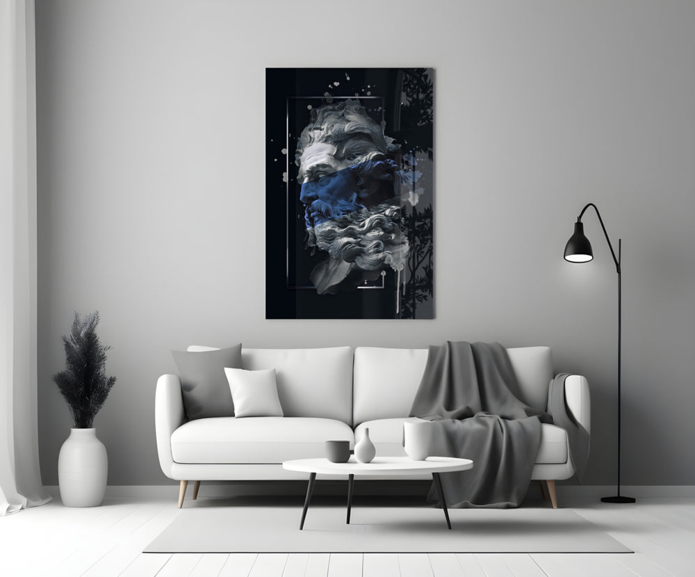 Cobalt Poseidon glass wall art styled above a desk in a study