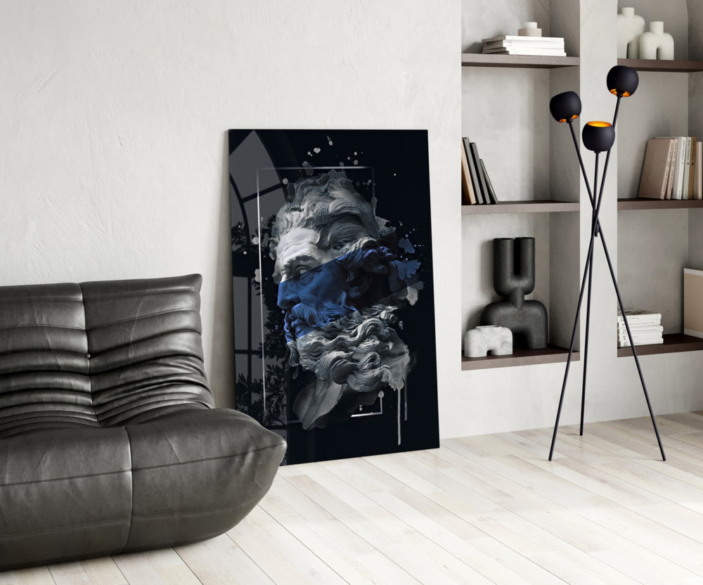 Cobalt Poseidon glass print enhancing a foyer with cinematic drama