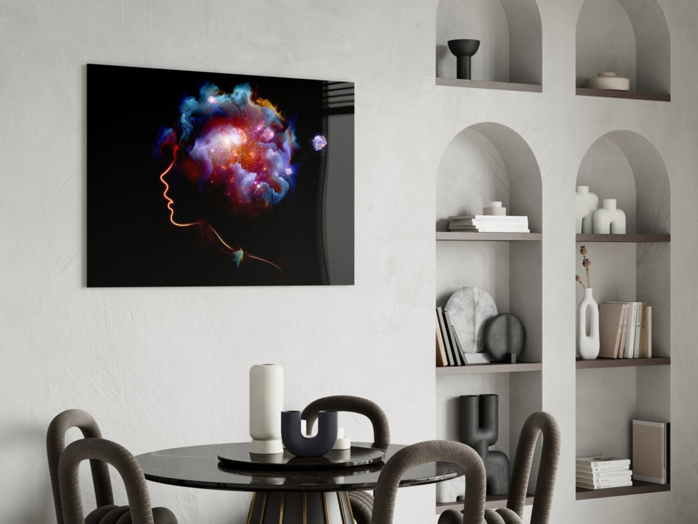 Cosmic Mind glass print enhancing a teen room with cinematic drama